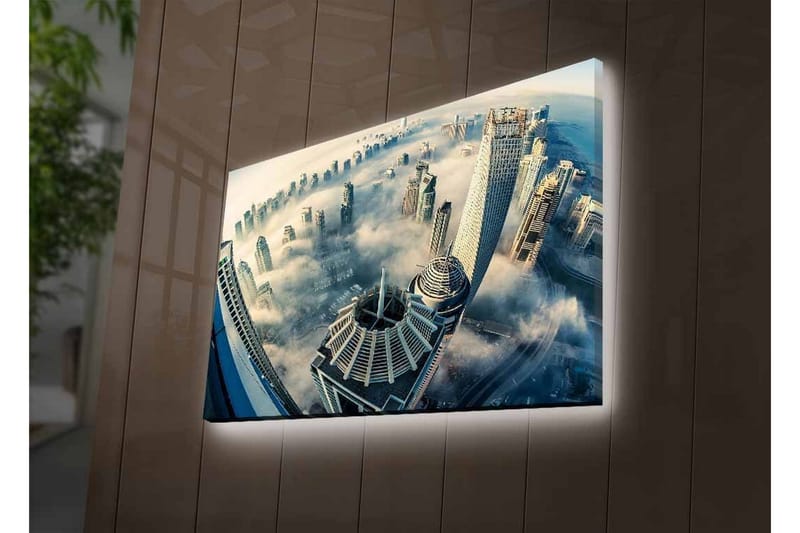 Canvastavla med LED-belysning - Futuristisk stadslandskap med skyskrapor i dimma - Grå / Blå / Vit - Inredning - Tavlor & posters - Canvastavla