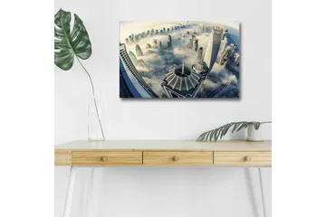 Canvastavla med LED-belysning - Futuristisk stadslandskap med skyskrapor i dimma - Grå / Blå / Vit - Inredning - Tavlor & posters - Canvastavla