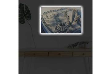 Canvastavla med LED-belysning - Futuristisk stadslandskap med skyskrapor i dimma - Grå / Blå / Vit - Inredning - Tavlor & posters - Canvastavla
