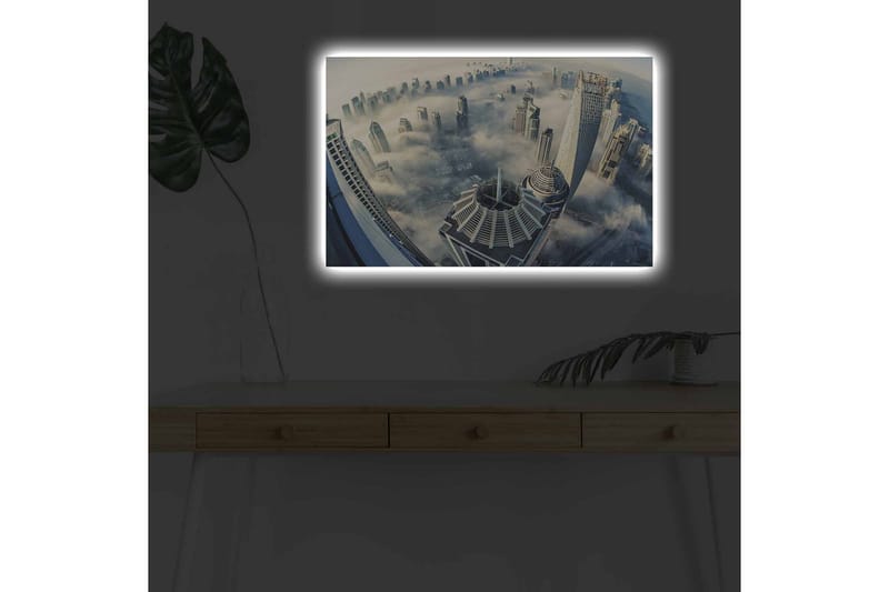 Canvastavla med LED-belysning - Futuristisk stadslandskap med skyskrapor i dimma - Grå / Blå / Vit - Inredning - Tavlor & posters - Canvastavla