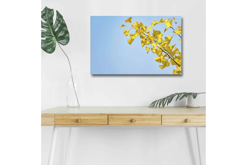 Canvastavla med LED-belysning - Ginkgo-blad mot en klar blå himmel, Gul / Blå