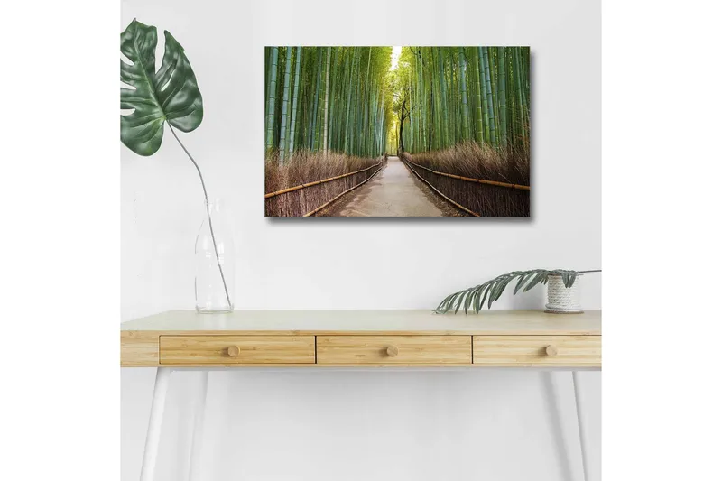 Canvastavla med LED-belysning - Grön bambuskog med en stig som leder genom träden, Grön / Brun