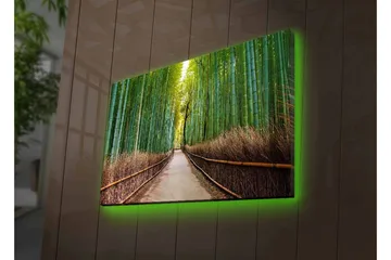 Canvastavla med LED-belysning - Grön bambuskog med en stig som leder genom träden - Grön / Brun - Inredning - Tavlor & posters - Canvastavla