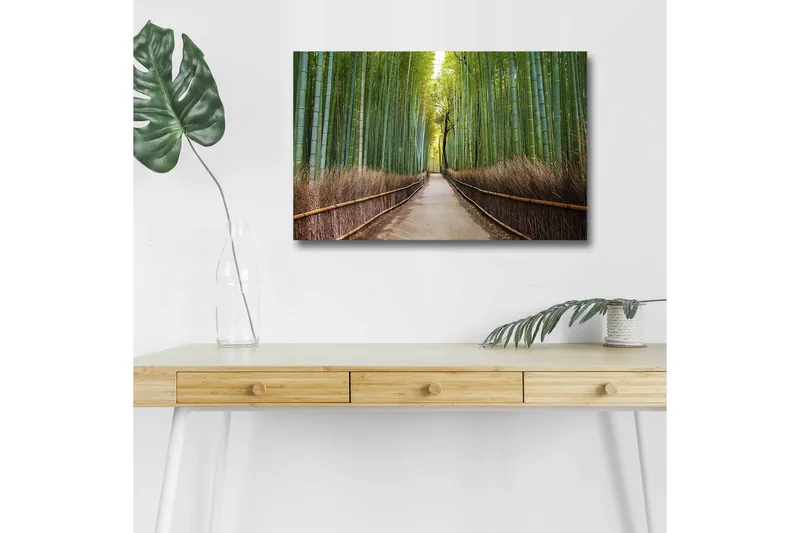 Canvastavla med LED-belysning - Grön bambuskog med en stig som leder genom träden, Grön / Brun