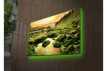 Canvastavla med LED-belysning - Grönskande kustlandskap med klippor och spegelblanka vattenpölar - Grön / Brun / Gul - Inredning - Tavlor & posters - Canvastavla