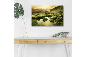 Canvastavla med LED-belysning - Grönskande kustlandskap med klippor och spegelblanka vattenpölar - Grön / Brun / Gul - Inredning - Tavlor & posters - Canvastavla