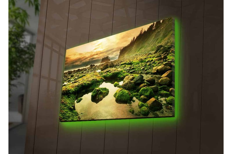 Canvastavla med LED-belysning - Grönskande kustlandskap med klippor och spegelblanka vattenpölar - Grön / Brun / Gul - Inredning - Tavlor & posters - Canvastavla
