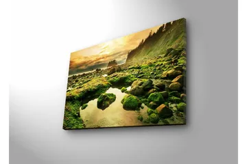 Canvastavla med LED-belysning - Grönskande kustlandskap med klippor och spegelblanka vattenpölar - Grön / Brun / Gul - Inredning - Tavlor & posters - Canvastavla