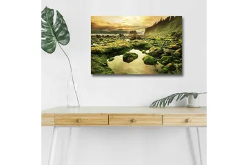 Canvastavla med LED-belysning - Grönskande kustlandskap med klippor och spegelblanka vattenpölar - Grön / Brun / Gul - Inredning - Tavlor & posters - Canvastavla