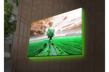 Canvastavla med LED-belysning - Grönskande landskap med en ensam trädkrona i horisonten - Grön / Brun / Grå - Inredning - Tavlor & posters - Canvastavla