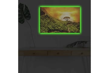 Canvastavla med LED-belysning - Grönskande landskap med en ensam trädkrona mot en gyllene himmel - Grön / Guld / Brun - Inredning - Tavlor & posters - Canvastavla