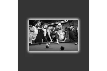 Canvastavla med LED-belysning - Grupp av människor som spelar biljard i en nostalgisk miljö - Svart / Vitt / Grått - Inredning - Tavlor & posters - Canvastavla