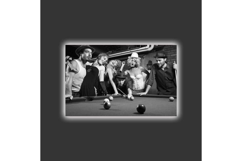 Canvastavla med LED-belysning - Grupp av människor som spelar biljard i en nostalgisk miljö - Svart / Vitt / Grått - Inredning - Tavlor & posters - Canvastavla