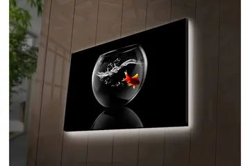 Canvastavla med LED-belysning - Guld fisk simmande i en glasbehållare med vattenstänk - Svart / Röd / Transparent - Inredning - Tavlor & posters - Canvastavla