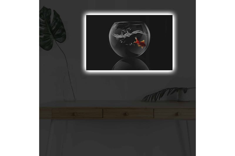 Canvastavla med LED-belysning - Guld fisk simmande i en glasbehållare med vattenstänk - Svart / Röd / Transparent - Inredning - Tavlor & posters - Canvastavla