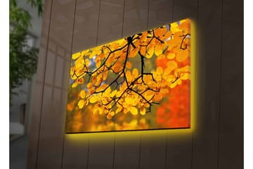Canvastavla med LED-belysning - Gyllene höstlöv som hänger från en gren - Guld / Grön / Orange - Inredning - Tavlor & posters - Canvastavla