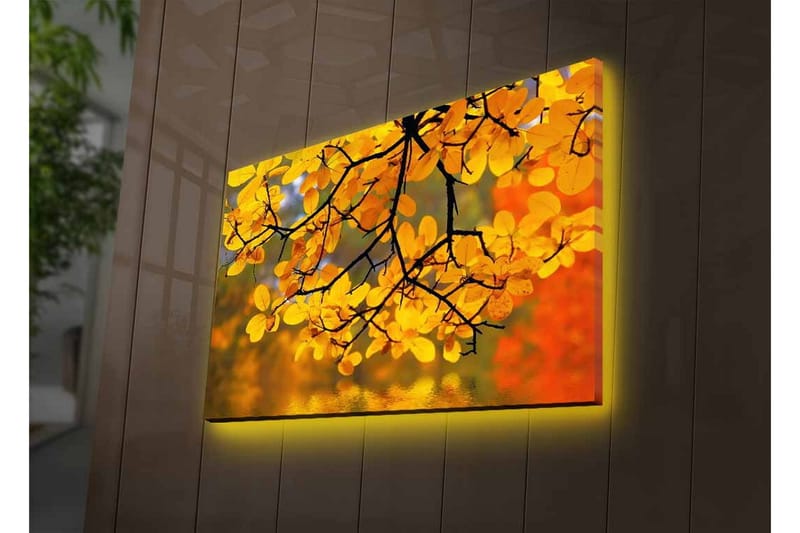 Canvastavla med LED-belysning - Gyllene höstlöv som hänger från en gren - Guld / Grön / Orange - Inredning - Tavlor & posters - Canvastavla