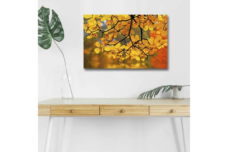 Canvastavla med LED-belysning - Gyllene höstlöv som hänger från en gren, Guld / Grön / Orange