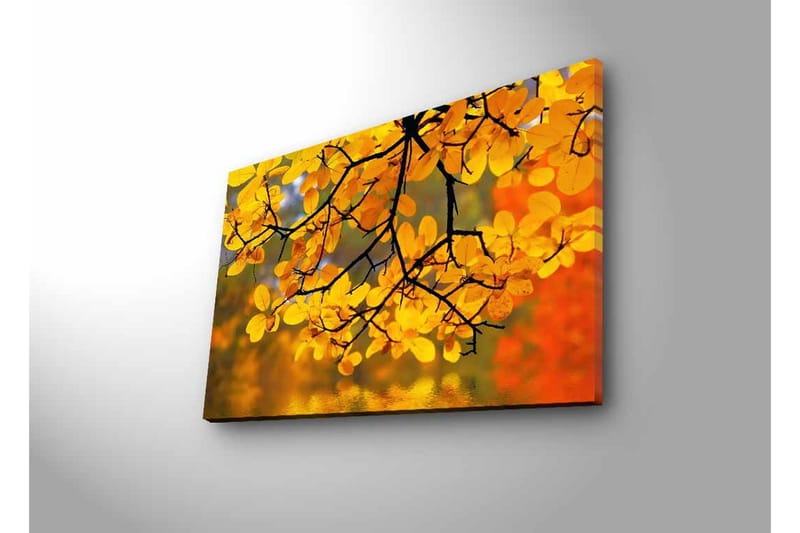 Canvastavla med LED-belysning - Gyllene höstlöv som hänger från en gren - Guld / Grön / Orange - Inredning - Tavlor & posters - Canvastavla
