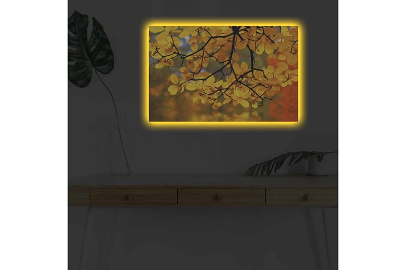 Canvastavla med LED-belysning - Gyllene höstlöv som hänger från en gren - Guld / Grön / Orange - Inredning - Tavlor & posters - Canvastavla