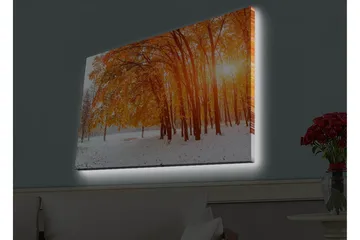 Canvastavla med LED-belysning - Gyllene höstskog med solstrålar som strålar genom träden - Orange / Guld / Vit - Inredning - Tavlor & posters - Canvastavla