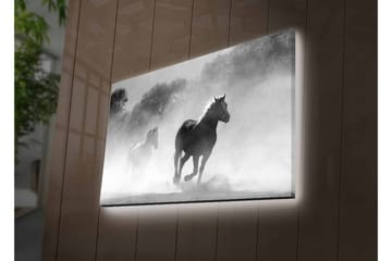 Canvastavla med LED-belysning - Hästar som galopperar genom dimma - Svart / Vitt / Grått - Inredning - Tavlor & posters - Canvastavla