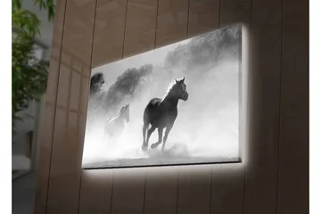 Canvastavla med LED-belysning - Hästar som galopperar genom dimma - Svart / Vitt / Grått - Inredning - Tavlor & posters - Canvastavla