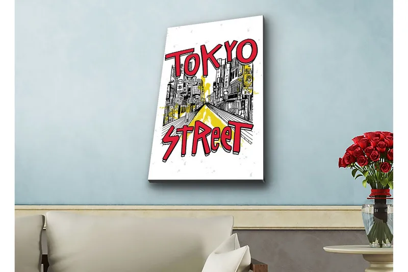 Canvastavla med LED-belysning - Illustration av en livlig gata i Tokyo med färgglada skyltar - Röd / Gul / Svart - Inredning - Tavlor & posters - Canvastavla