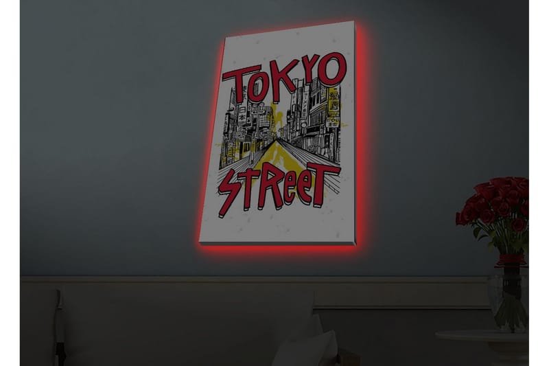 Canvastavla med LED-belysning - Illustration av en livlig gata i Tokyo med färgglada skyltar - Röd / Gul / Svart - Inredning - Tavlor & posters - Canvastavla