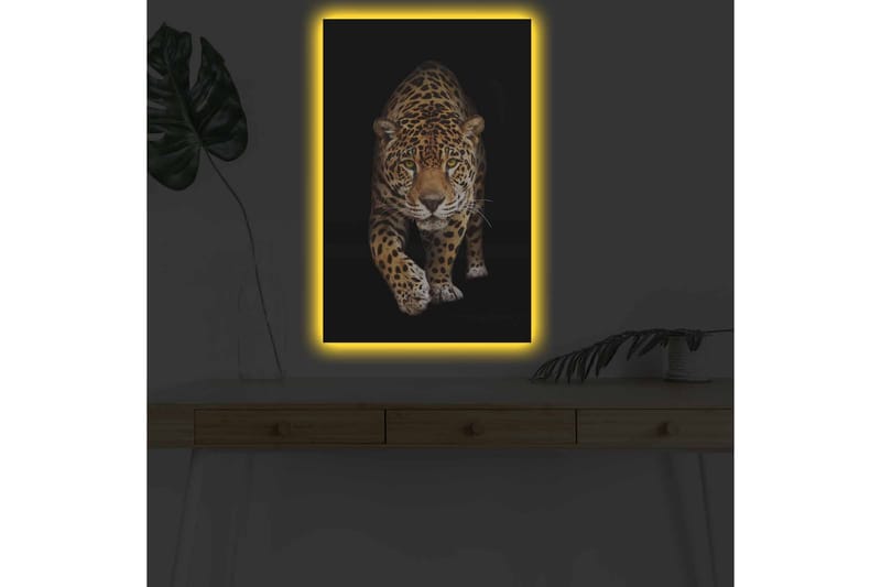 Canvastavla med LED-belysning - Jagande jaguar i fokus - Guld / Svart / Vit - Inredning - Tavlor & posters - Canvastavla