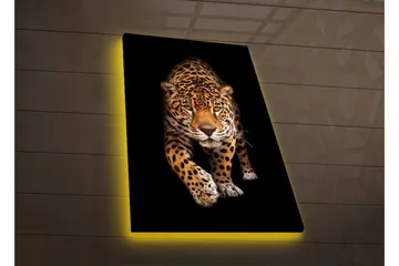 Canvastavla med LED-belysning - Jagande jaguar i fokus - Guld / Svart / Vit - Inredning - Tavlor & posters - Canvastavla