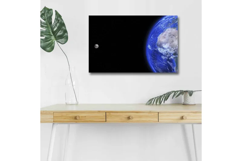 Canvastavla med LED-belysning - Jorden och månen i rymden - Blå / Grå / Svart - Inredning - Tavlor & posters - Canvastavla