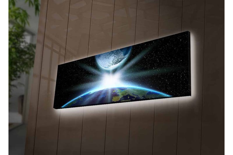 Canvastavla med LED-belysning - Jorden sedd från rymden med strålar av ljus som bryter genom atmosfären - Blå / Grön / Svart - Inredning - Tavlor & posters - Canvastavla