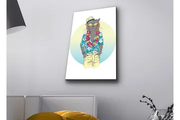 Canvastavla med LED-belysning - Katt i somrig klädsel med blommig krans och solglasögon - Blå / Grön / Beige - Inredning - Tavlor & posters - Canvastavla