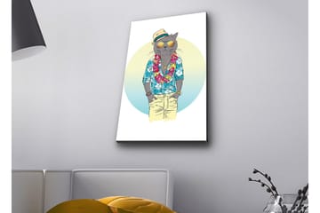 Canvastavla med LED-belysning - Katt i somrig klädsel med blommig krans och solglasögon - Blå / Grön / Beige - Inredning - Tavlor & posters - Canvastavla