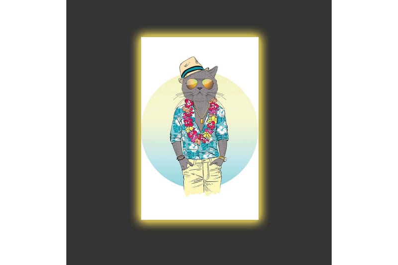 Canvastavla med LED-belysning - Katt i somrig klädsel med blommig krans och solglasögon - Blå / Grön / Beige - Inredning - Tavlor & posters - Canvastavla