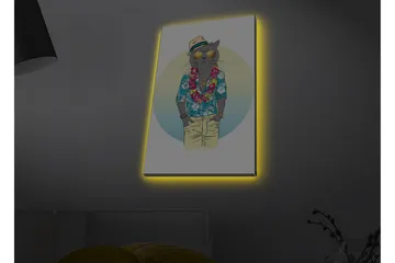 Canvastavla med LED-belysning - Katt i somrig klädsel med blommig krans och solglasögon - Blå / Grön / Beige - Inredning - Tavlor & posters - Canvastavla