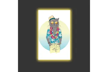 Canvastavla med LED-belysning - Katt i somrig klädsel med blommig krans och solglasögon - Blå / Grön / Beige - Inredning - Tavlor & posters - Canvastavla