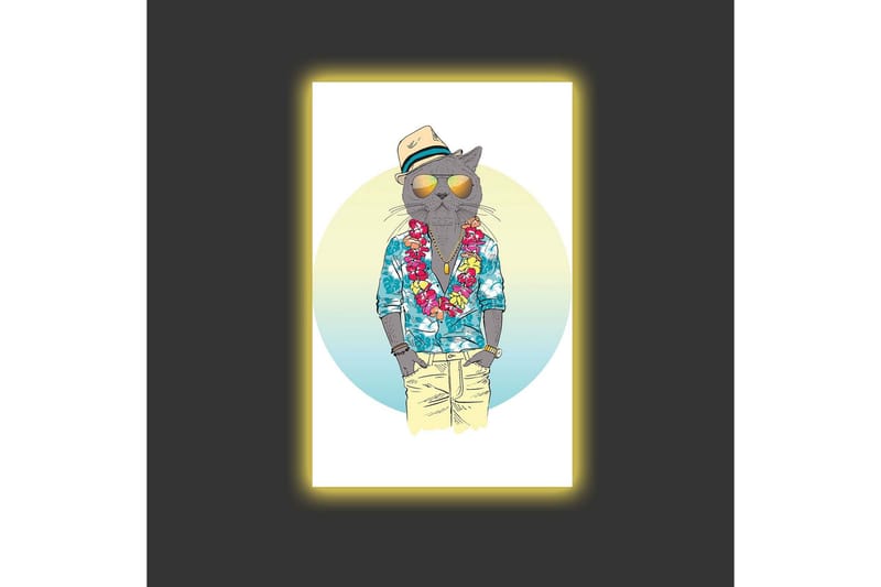 Canvastavla med LED-belysning - Katt i somrig klädsel med blommig krans och solglasögon - Blå / Grön / Beige - Inredning - Tavlor & posters - Canvastavla