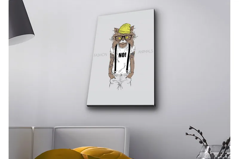 Canvastavla med LED-belysning - Katt med hipsterstil i kläder och glasögon - Gul / Brun / Vit - Inredning - Tavlor & posters - Canvastavla