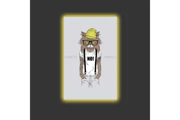 Canvastavla med LED-belysning - Katt med hipsterstil i kläder och glasögon - Gul / Brun / Vit - Inredning - Tavlor & posters - Canvastavla