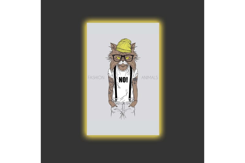 Canvastavla med LED-belysning - Katt med hipsterstil i kläder och glasögon - Gul / Brun / Vit - Inredning - Tavlor & posters - Canvastavla