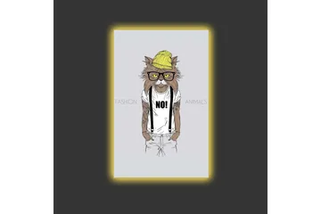 Canvastavla med LED-belysning - Katt med hipsterstil i kläder och glasögon - Gul / Brun / Vit - Inredning - Tavlor & posters - Canvastavla