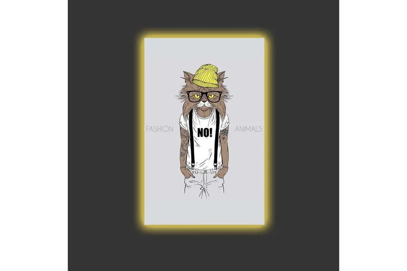 Canvastavla med LED-belysning - Katt med hipsterstil i kläder och glasögon - Gul / Brun / Vit - Inredning - Tavlor & posters - Canvastavla