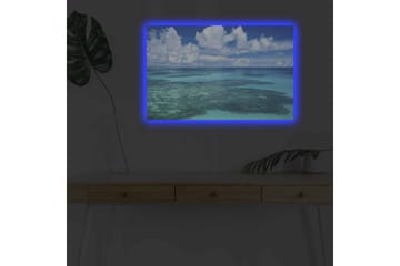 Canvastavla med LED-belysning - Klarblå havsutsikt med korallrev och vita moln - Blå / Turkos / Vit - Inredning - Tavlor & posters - Canvastavla