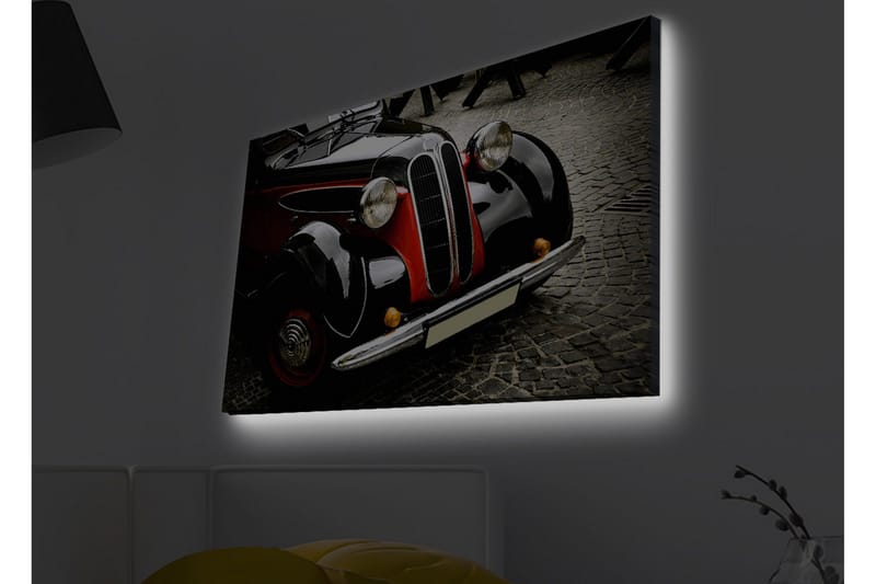 Canvastavla med LED-belysning - Klassisk bil med retrodesign - Svart / Röd / Silver - Inredning - Tavlor & posters - Canvastavla