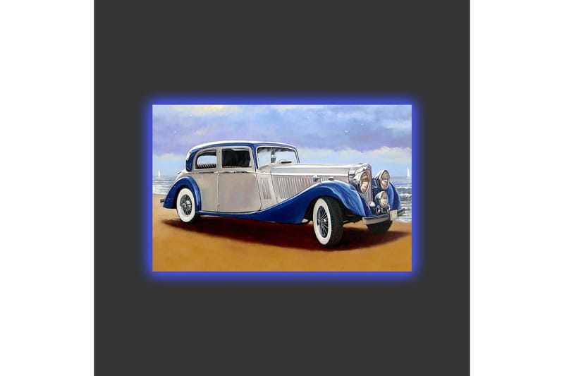 Canvastavla med LED-belysning - Klassisk bil vid havet med en dramatisk himmel i bakgrunden - Blå / Silver / Beige - Inredning - Tavlor & posters - Canvastavla
