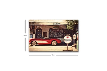 Canvastavla med LED-belysning - Klassisk röd sportbil framför en vintage bensinstation - Röd / Grå / Vit - Inredning - Tavlor & posters - Canvastavla