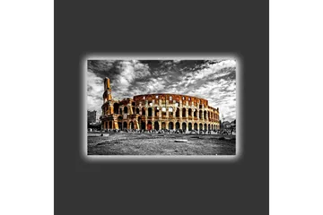 Canvastavla med LED-belysning - Kolosseum i svartvitt med inslag av orange och röd färg - Svart / Orange / Röd - Inredning - Tavlor & posters - Canvastavla