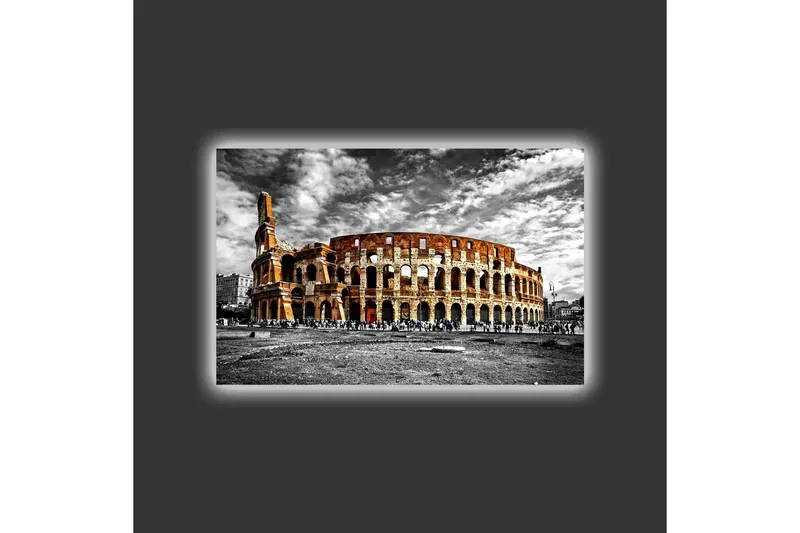 Canvastavla med LED-belysning - Kolosseum i svartvitt med inslag av orange och röd färg - Svart / Orange / Röd - Inredning - Tavlor & posters - Canvastavla